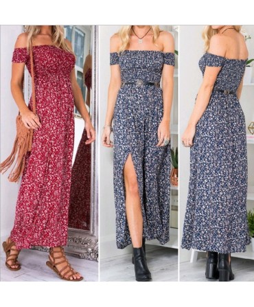 Sexy Strapless Beach Summer Dress Sundresses Vintage Bohemian Maxi Dress Robe Femme Boho Floral Women Split Long Dresses Vestido