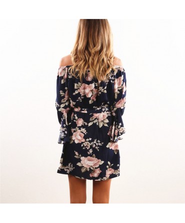 Women Dress 2018 Summer Sexy Off Shoulder Floral Print Chiffon Dress Boho Style Short Party Beach Dresses Vestidos de fiesta